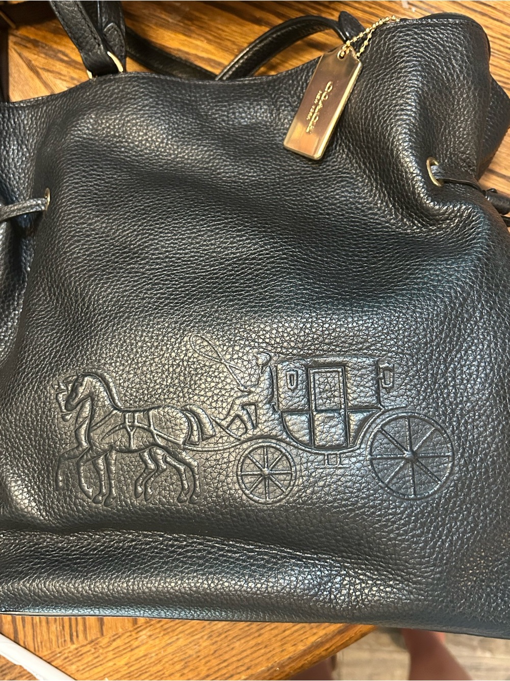 Coach Black Pebbled Leather Tote with Embossed Carriage and Gold Tag